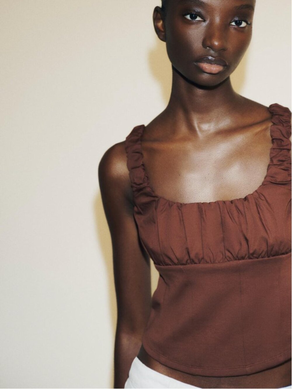 🤎 ZARA Combination Interlock & Poplin Top – Brown NWT Size S